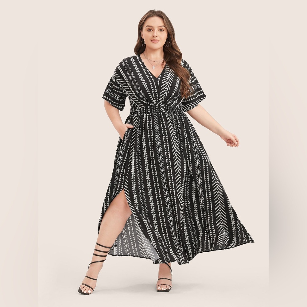 Solid Geometric Dolman Sleeve Pocket Shirred Split Hem Dress